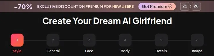 Character builder with a six-step progress bar from Style to Image