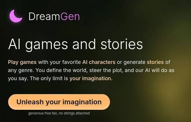 DreamGen landing page hero with the headline AI games and stories and a start button