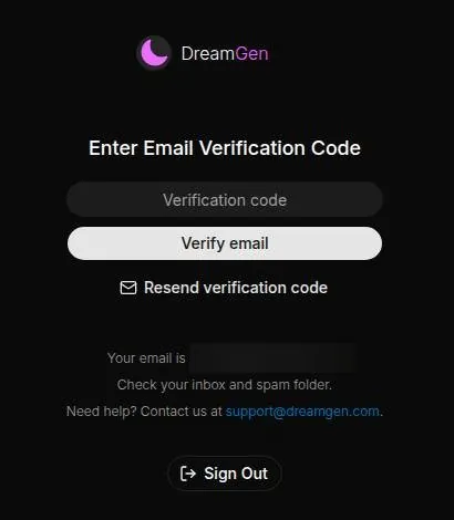 DreamGen email verification screen with a code field, a verify button and a resend link