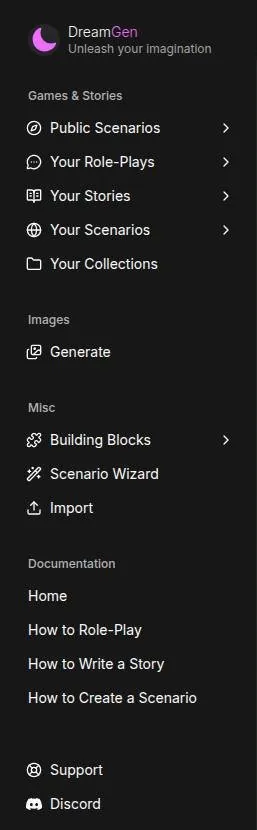 DreamGen app sidebar menu with scenarios, stories, image generator, wizard and documentation links