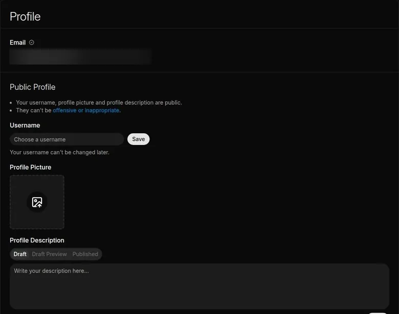 DreamGen profile page with a username field, a picture upload box and a description editor
