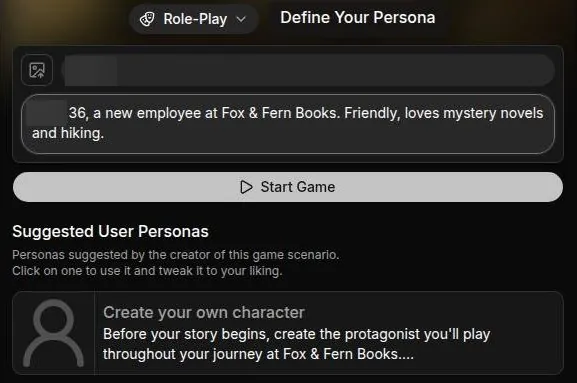 DreamGen new session form with persona name and description fields and a Start Game button