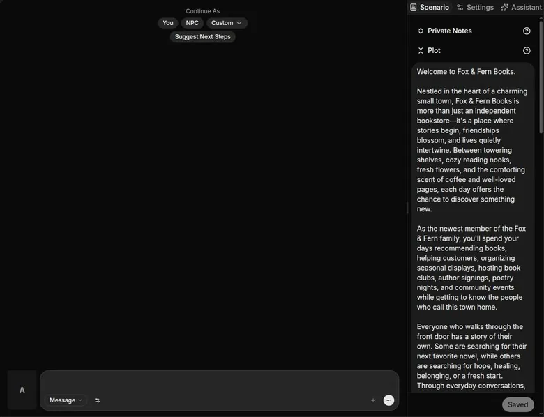 Empty DreamGen role-play session with Continue As buttons and a scenario plot panel