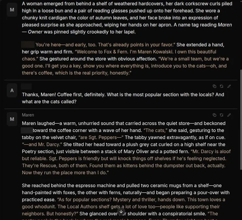 DreamGen role-play chat with long narrative replies from a bookstore owner character