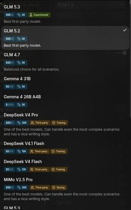 DreamGen model picker listing models with cost, context size and third-party data labels