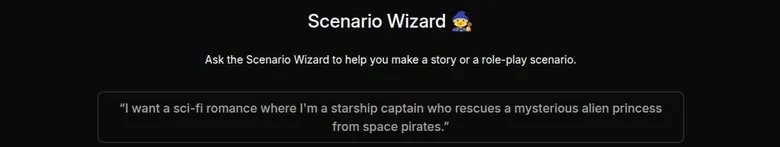 DreamGen Scenario Wizard start screen with a sample sci-fi story prompt
