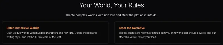 DreamGen landing section about building worlds with rich lore and steering the narrative