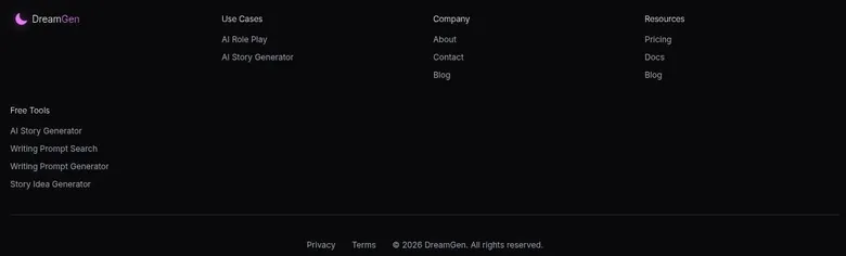 DreamGen landing page footer with use cases, company, resources and free writing tools links
