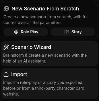 DreamGen create scenario menu with from scratch, wizard and import options