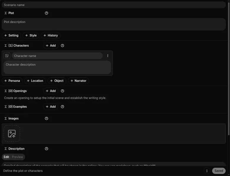 DreamGen scenario editor with plot, characters, openings, examples and images sections