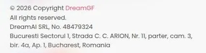 DreamGF footer with the operator company name, registration number and Bucharest address
