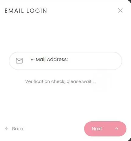 DreamGF email sign-up window stuck on a verification check with the Next button disabled
