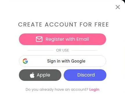 DreamGF account wall with email, Google, Apple and Discord sign-up buttons