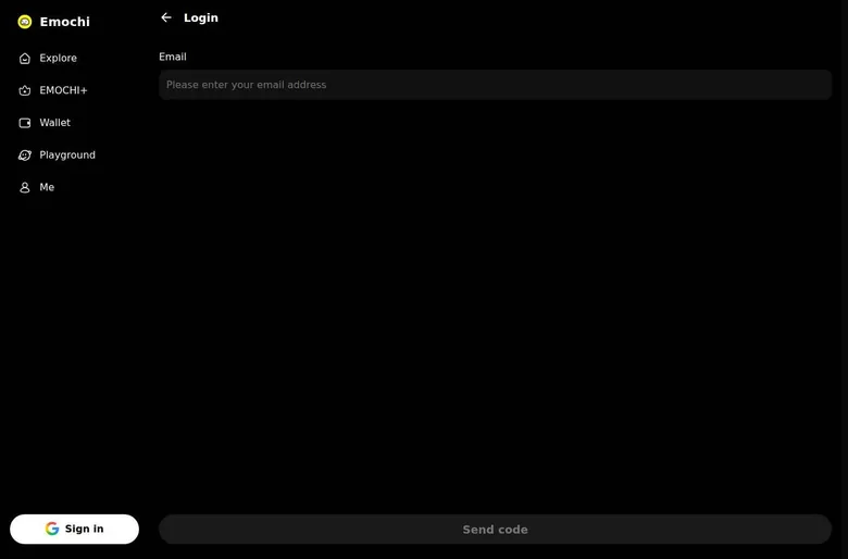 Emochi e-mail login page with an address field and a Send code button