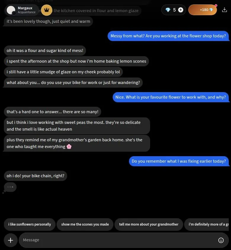 Eternal AI chat with short replies about baking and flowers, and suggested reply buttons