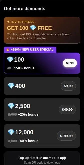 Eternal AI diamond store with four packs and a new-user bonus on the smallest one