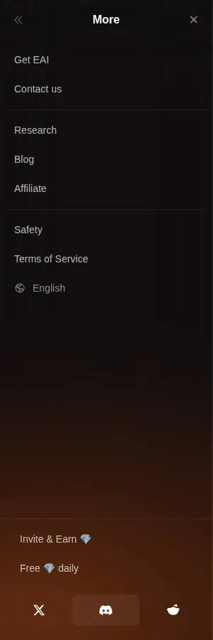 Eternal AI side menu with links to the token page, affiliate programme, safety page and terms