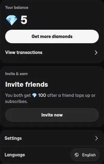Eternal AI profile column showing a balance of 5 diamonds, an invite card and settings