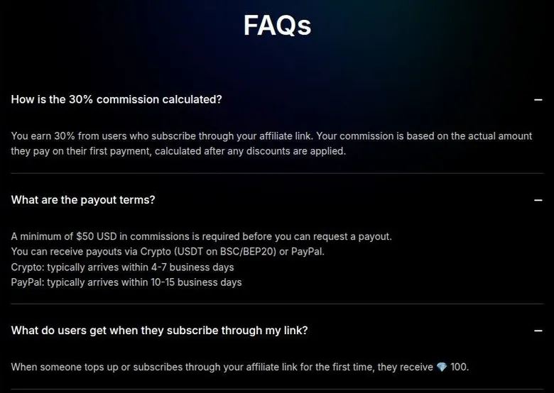 Eternal AI affiliate FAQ about commission, payout terms and the bonus for referred users