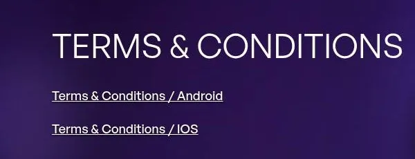 EVA AI terms page with separate Android and iOS links