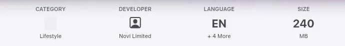App Store info row showing Lifestyle category, developer Novi Limited, languages and 240 MB size