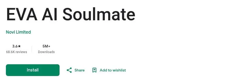 Google Play header for EVA AI Soulmate with rating, reviews and download count