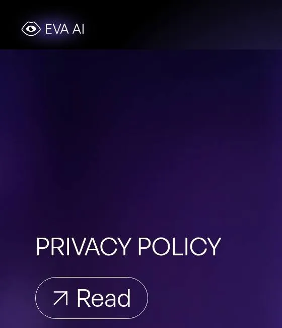 EVA AI privacy policy page with a Read button