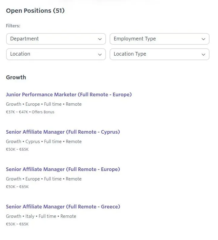 EverAI careers board showing open positions, filters and remote growth and affiliate manager roles