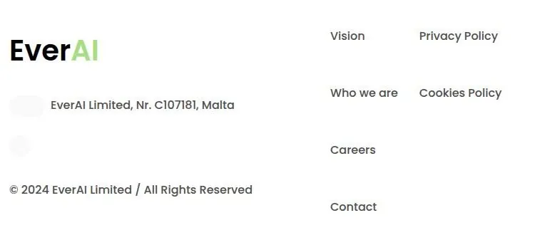 EverAI website footer with the company name EverAI Limited, its Malta registration number and policy links
