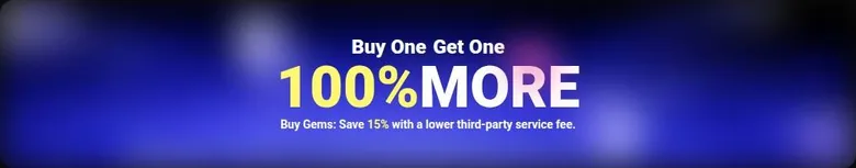 Flipped home page banner reading Buy One Get One 100% more for gem purchases