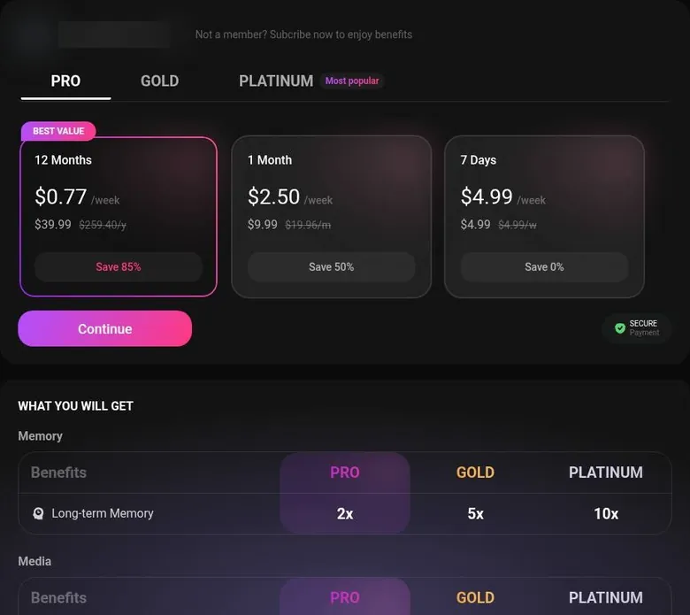 Flipped pricing page, PRO tab, with three plan-length cards and a benefit table below