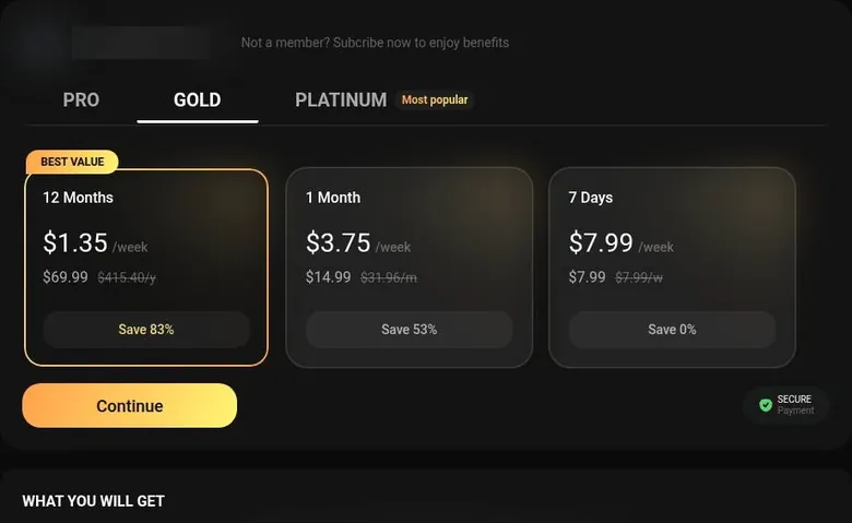 Flipped pricing page, GOLD tab, with 12-month, 1-month and 7-day cards