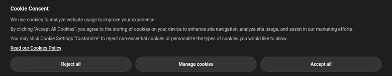 Flipped cookie consent banner with reject, manage and accept buttons