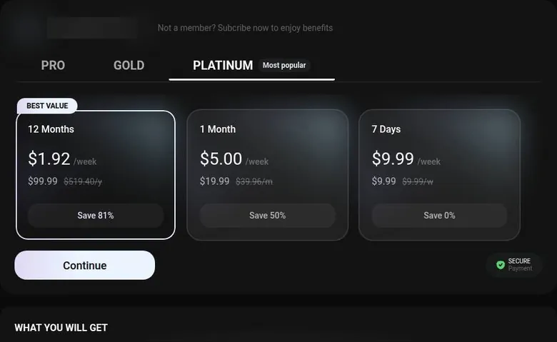 Flipped pricing page, PLATINUM tab, with three plan-length cards