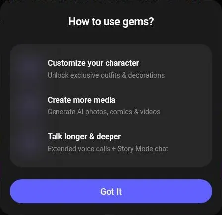 Flipped pop-up explaining what gems are used for: outfits, media and longer chats