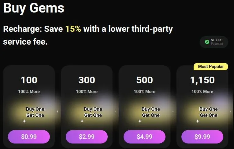 Flipped gem store with four gem packs, each marked Buy One Get One