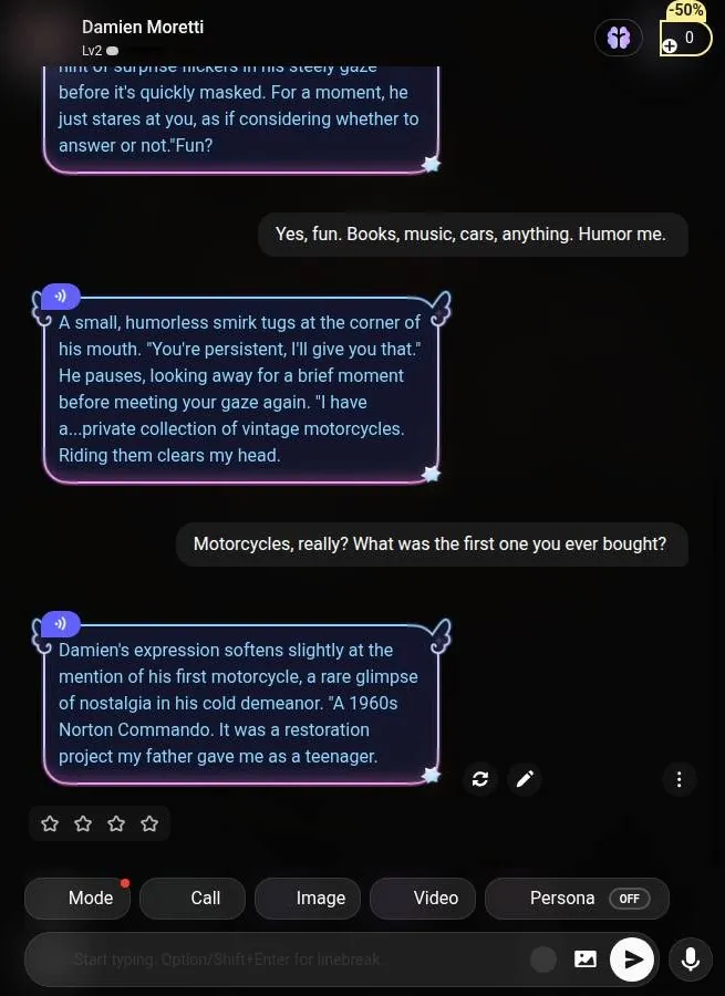 Flipped chat with two short narrated replies about a vintage motorcycle