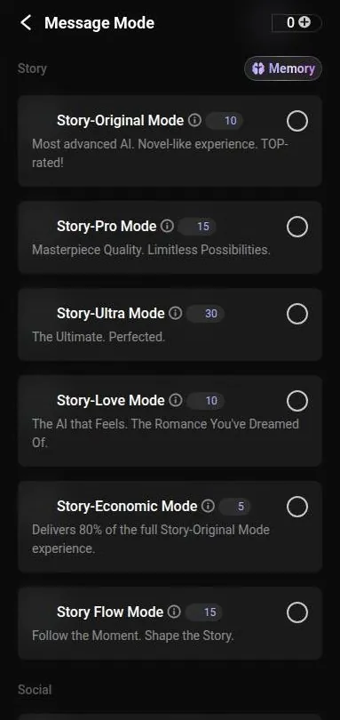 Flipped message mode menu listing Story modes with a gem cost per message