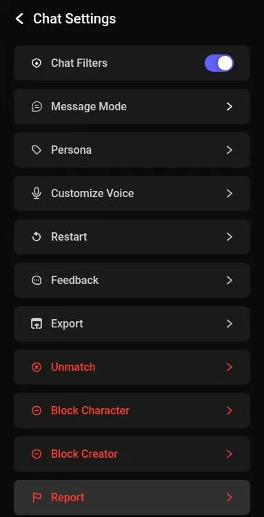 Flipped chat settings list with the chat filter switch turned on