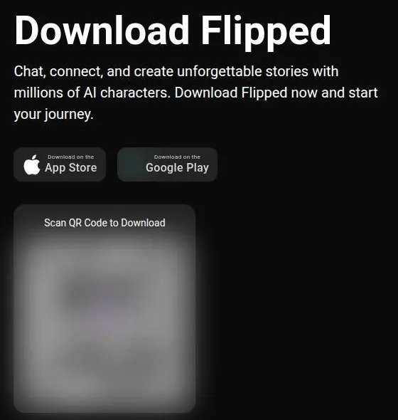 Flipped download page with App Store and Google Play buttons