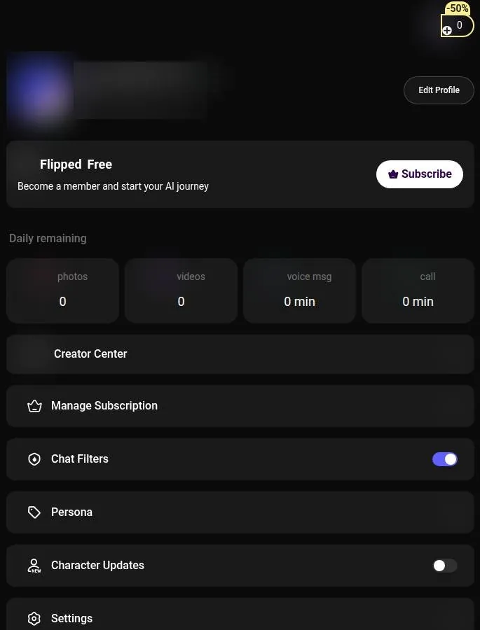 Flipped profile page showing a free plan with zero daily photos, videos and voice minutes