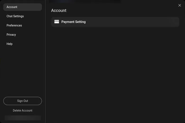 Flipped settings window with Payment Setting, Sign Out and Delete Account