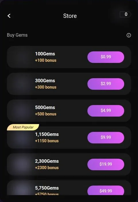 Flipped gem store pop-up listing gem packs with matching bonus gems