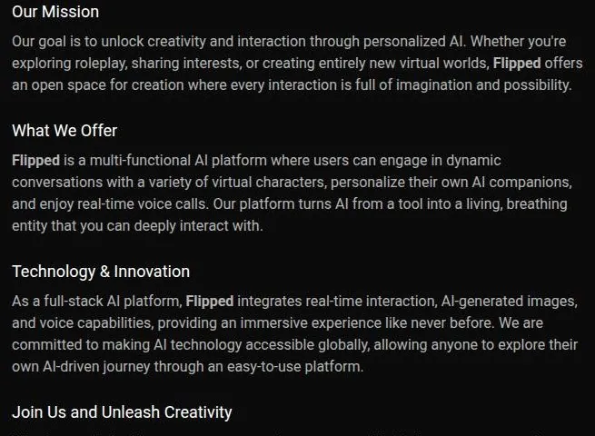 Flipped about page describing the platform, its mission and features