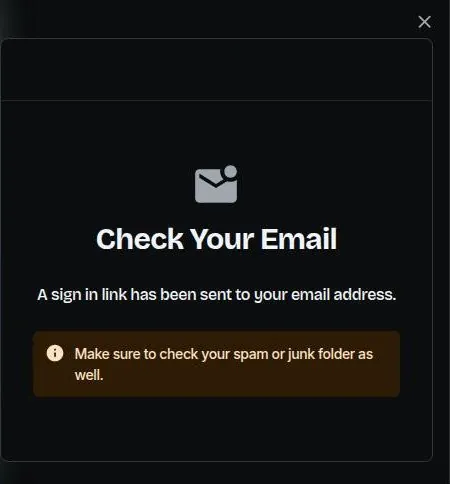 FunFun AI Check Your Email panel confirming that a sign-in link was sent