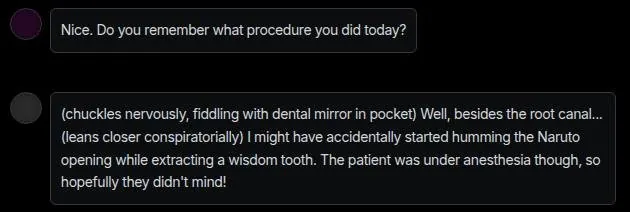 FunFun AI chat where the bot recalls a root canal it mentioned earlier, with stage directions in brackets