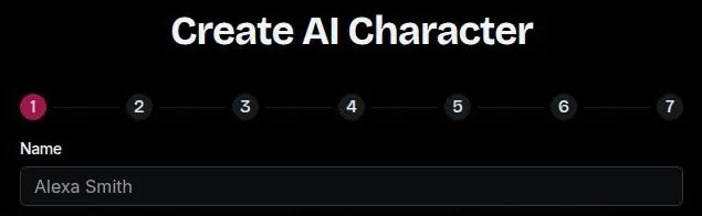 FunFun AI Create AI Character page with a seven-step progress bar and a name field