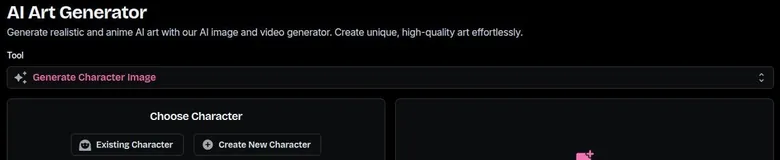 FunFun AI Art Generator page with a tool picker and Existing Character and Create New Character buttons