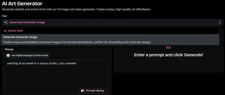 FunFun AI Art Generator with the tool list open, a prompt box and a Prompt Library button