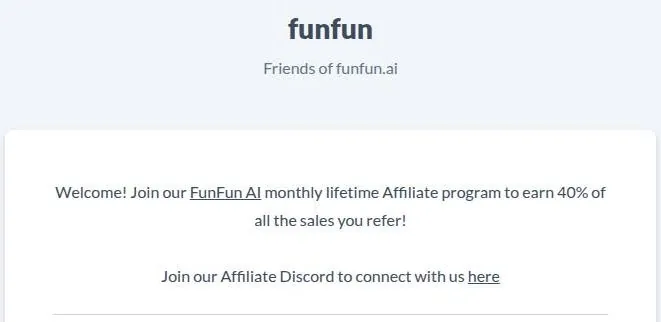 FunFun AI affiliate sign-up page offering a 40 percent lifetime commission